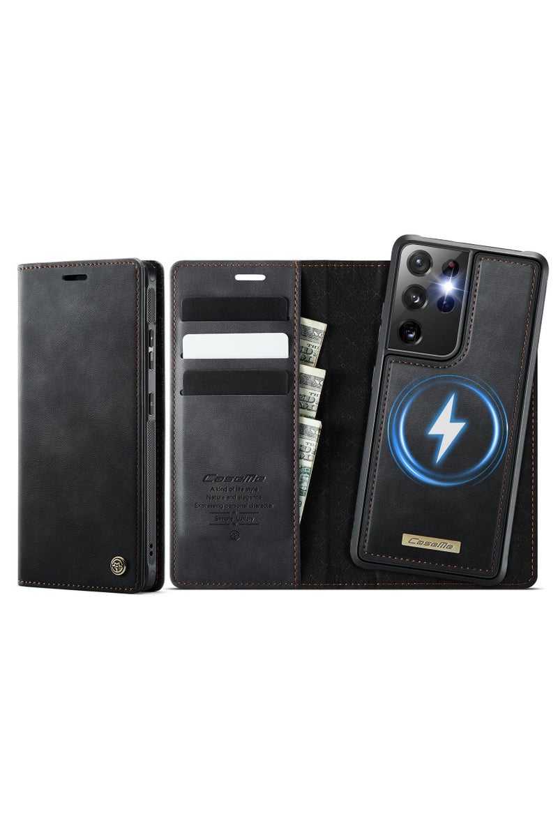 CaseMe C49 Magnetic RFID Blocking Detachable Wallet MagSafe Leather Phone Case for Samsung Galaxy S21 Ultra - Black - Image 1