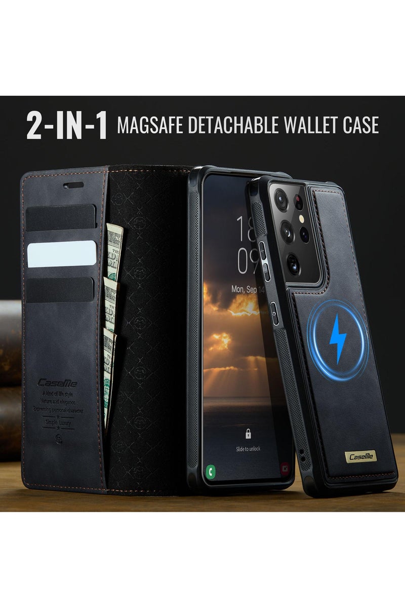 CaseMe C49 Magnetic RFID Blocking Detachable Wallet MagSafe Leather Phone Case for Samsung Galaxy S21 Ultra - Black - Image 4