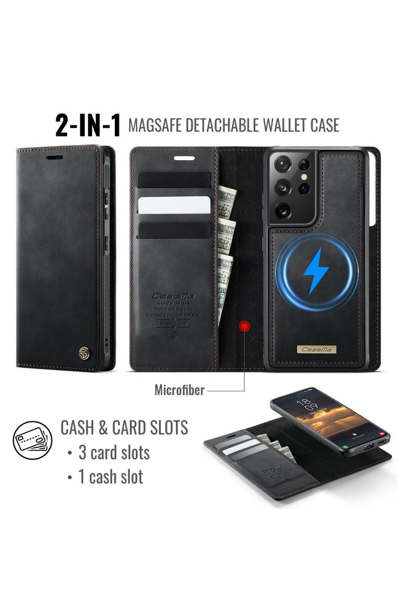 CaseMe C49 Magnetic RFID Blocking Detachable Wallet MagSafe Leather Phone Case for Samsung Galaxy S21 Ultra - Black - Image 2