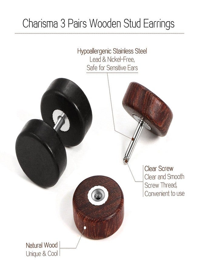Charisma 10mm Wooden Vintage Stainless Steel Stud Earrings Ear Plugs Piercings Hypoallergenic Screw 3 Pairs - Image 3