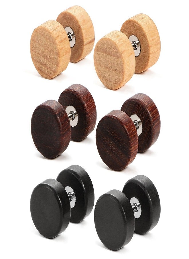 Charisma 10mm Wooden Vintage Stainless Steel Stud Earrings Ear Plugs Piercings Hypoallergenic Screw 3 Pairs - Image 1