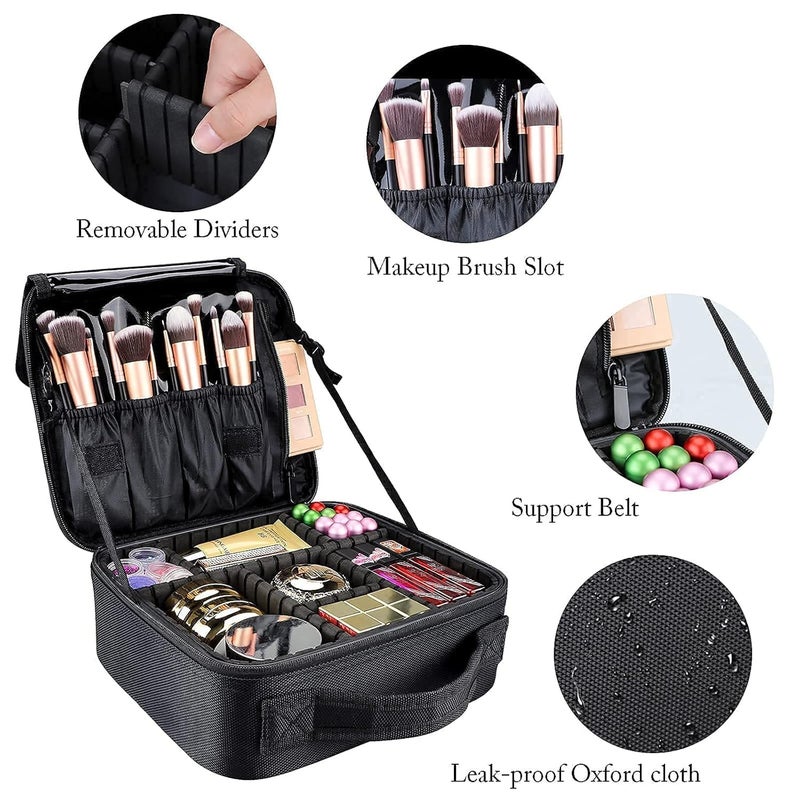 Stadash Waterproof Travel Makeup Train Case for Women Cosmetic Bag with Adjustable Dividers for Brushes Toiletries and Accessories Professional Organizer Vanity Box Black - Image 2