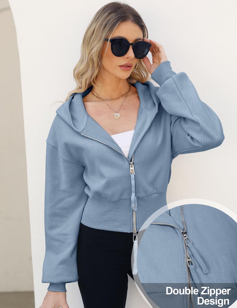 Arssm Cropped Hoodie Women Zip Up Long Sleeve Sweatshirts Casual Fashion Hooded Workout Jacket Crop Top(Blue-S) - Image 3