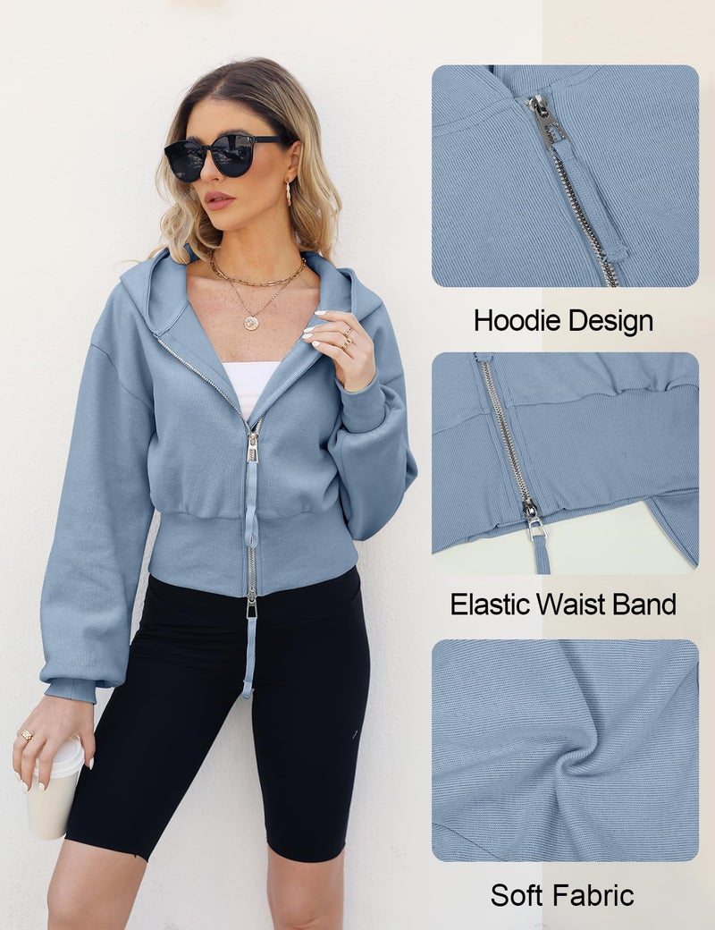 Arssm Cropped Hoodie Women Zip Up Long Sleeve Sweatshirts Casual Fashion Hooded Workout Jacket Crop Top(Blue-S) - Image 5