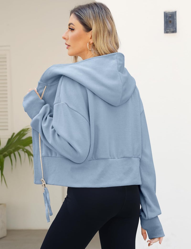 Arssm Cropped Hoodie Women Zip Up Long Sleeve Sweatshirts Casual Fashion Hooded Workout Jacket Crop Top(Blue-S) - Image 2