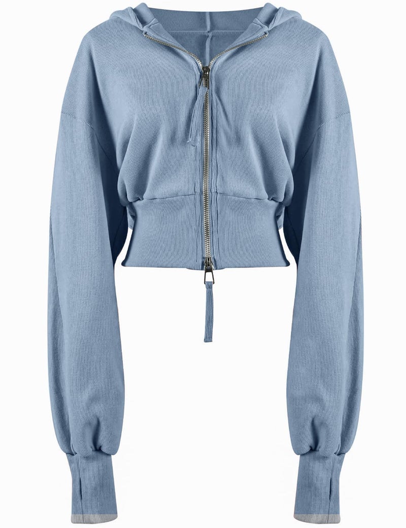 Arssm Cropped Hoodie Women Zip Up Long Sleeve Sweatshirts Casual Fashion Hooded Workout Jacket Crop Top(Blue-S) - Image 1