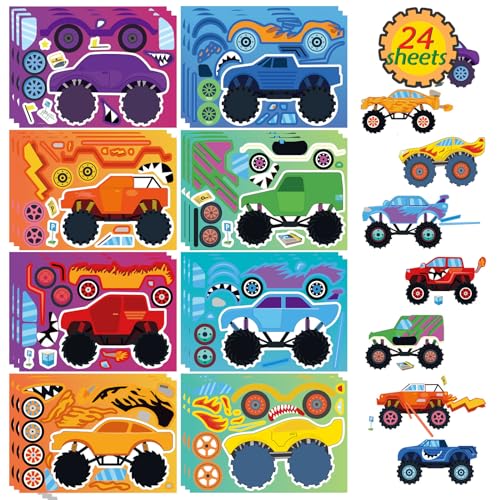 DUJAA 24 Sheets Monster Truck Sticker, Monster Truck Party Favor, Make Your Own Stickers Cartoon Car Make-a-face Stickers Classroom Activities Birthday Gift for Girls Boys - Image 1