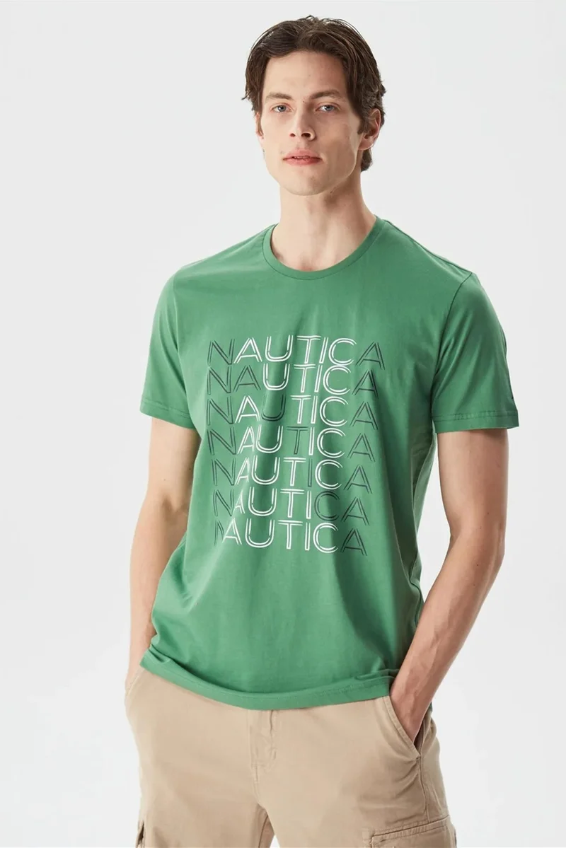 نوتيكا 100% Cotton Brand Printed Crew Neck Standard Fit T Shirt Men's T Shirt V35528T 3fy