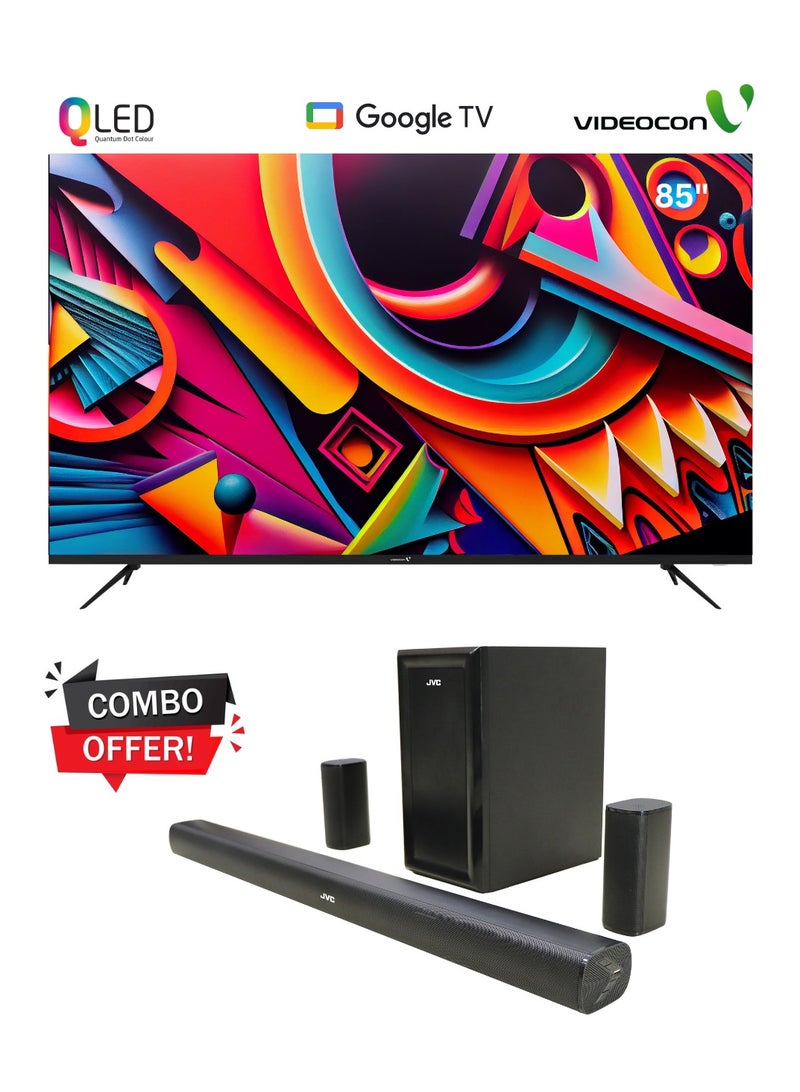 VIDEOCON 85 inch Edgeless QLED 4K UHD Official Google TV + JVC 5.1Ch Soundbar With Wireless Subwoofer Combo E85QLGT1100+TH-N430B Black - Image 1