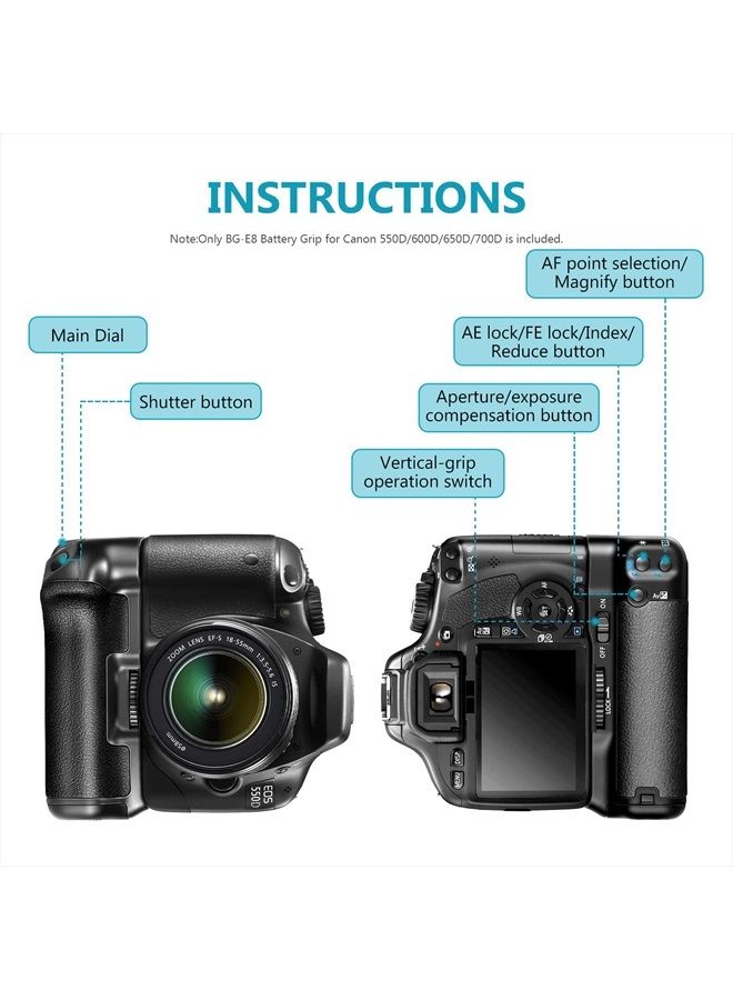 Neewer BG-E8 Replacement Battery Grip for Canon EOS 550D 600D 650D 700D/ Rebel T2i T3i T4i T5i SLR Cameras  - Image 2
