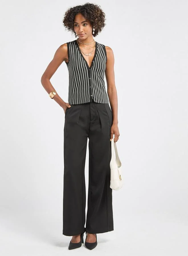 Splash FAV Striped Sleeveless V-neck Top with Button Closure