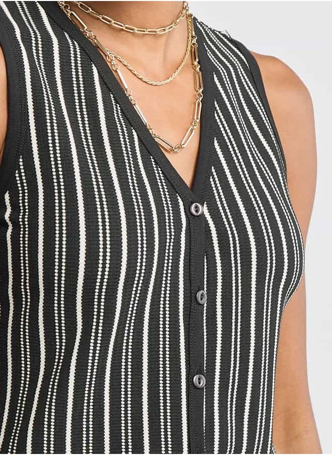 FAV Striped Sleeveless V-neck Top with Button Closure