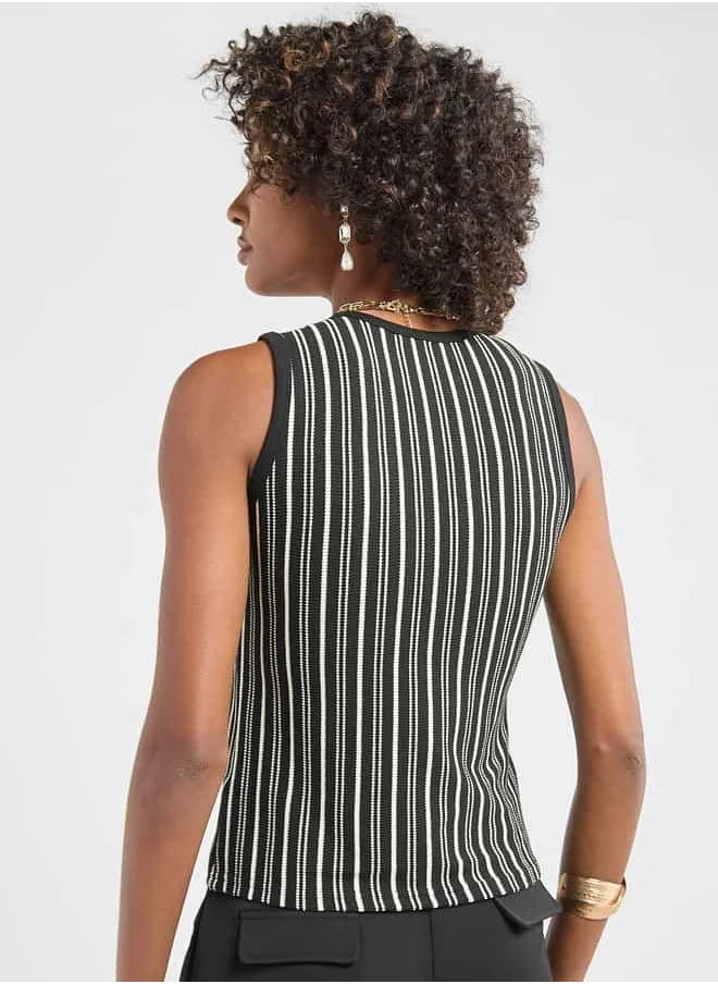 FAV Striped Sleeveless V-neck Top with Button Closure