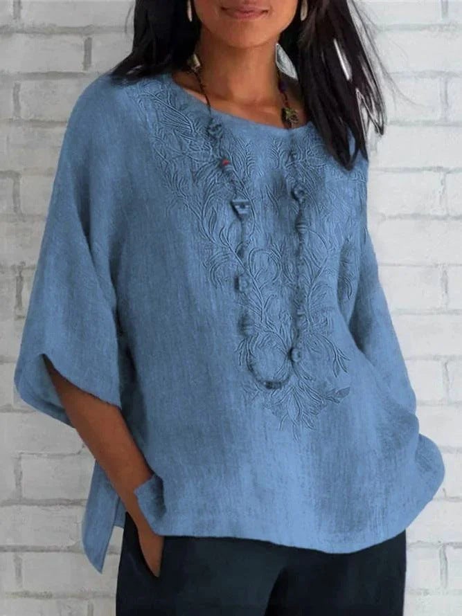 Autumn and Winter New Women's 7-point Sleeve Loose Casual Printed T-Shirt Linen Cotton and Linen Cross Border