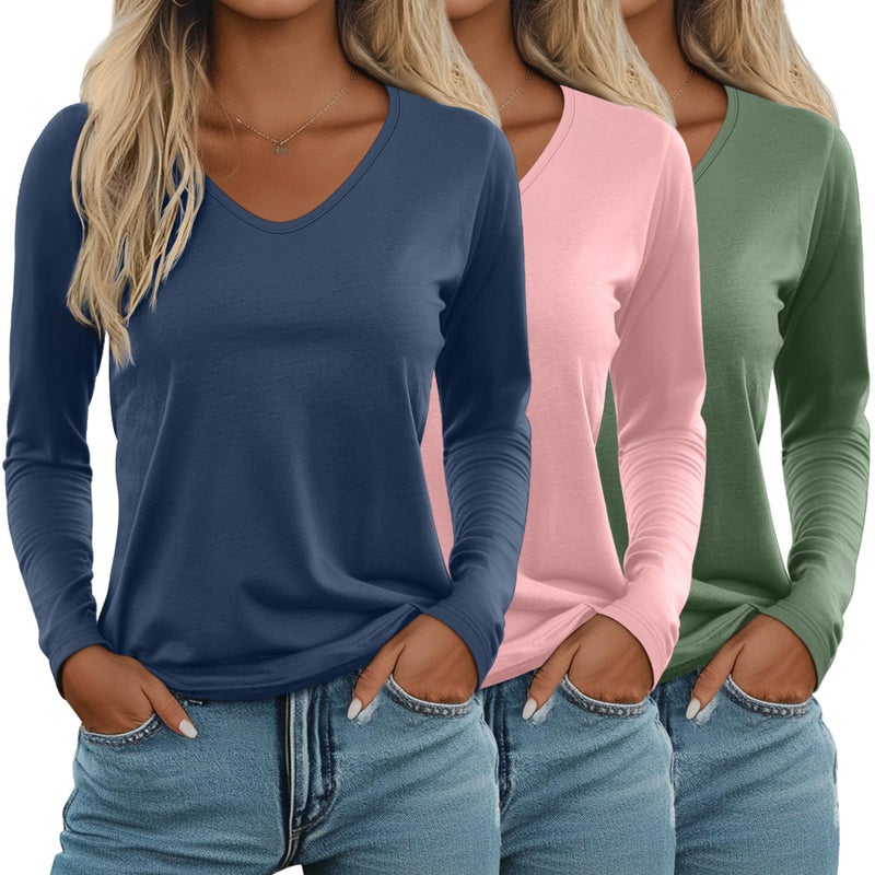 Ficerd 3 Pack Women's Long Sleeve T Shirts, V Neck Basic Tops Fall Casual Trendy Tees Loose Fit Soft Clothes Outfits(Haze Blue, Pink, Apple Green,Medium) - Image 1