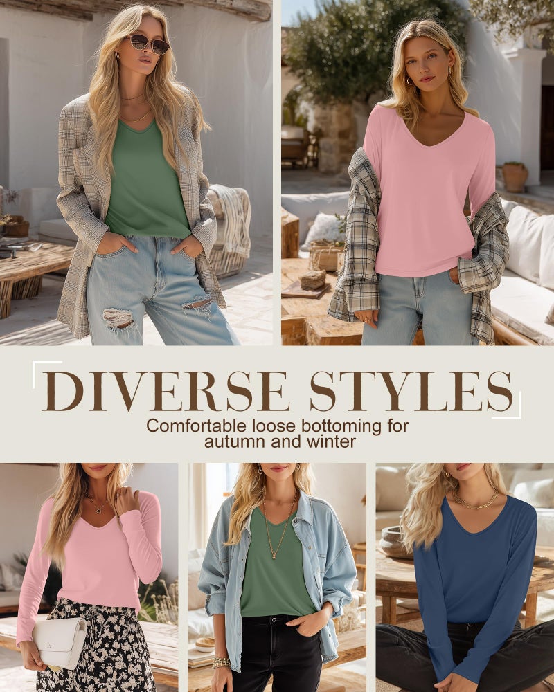 Ficerd 3 Pack Women's Long Sleeve T Shirts, V Neck Basic Tops Fall Casual Trendy Tees Loose Fit Soft Clothes Outfits(Haze Blue, Pink, Apple Green,Medium) - Image 3