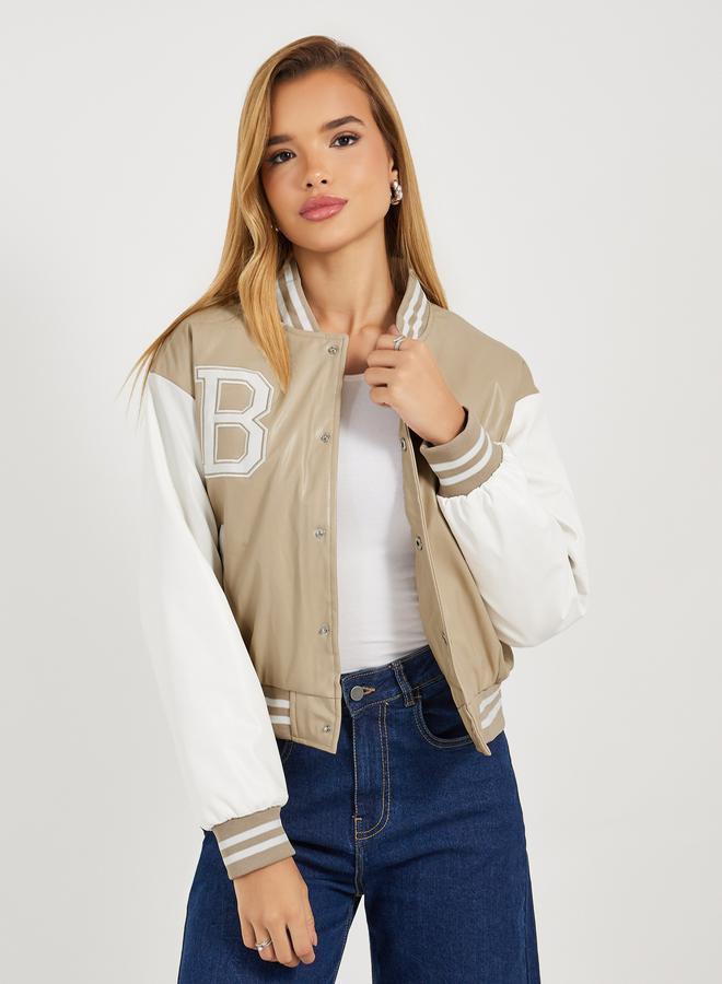 Styli Regular Fit Leather Look Varsity Bomber Jacket  - Image 1