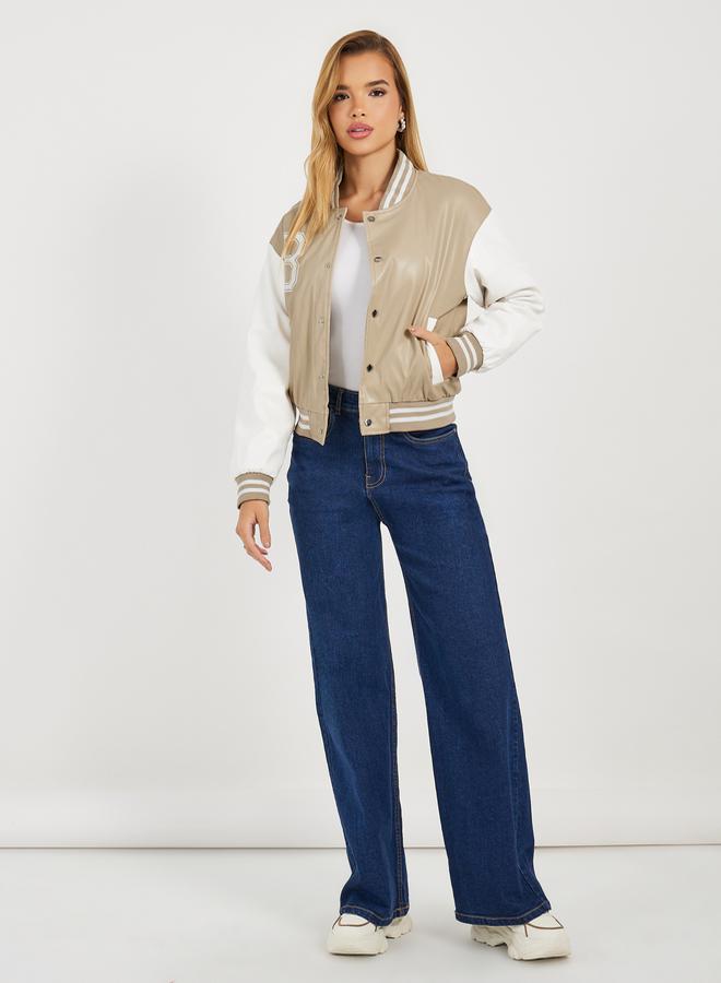 Styli Regular Fit Leather Look Varsity Bomber Jacket  - Image 2