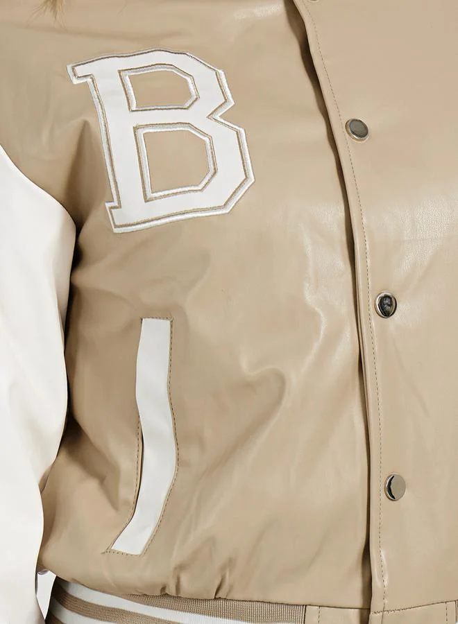 Styli Regular Fit Leather Look Varsity Bomber Jacket