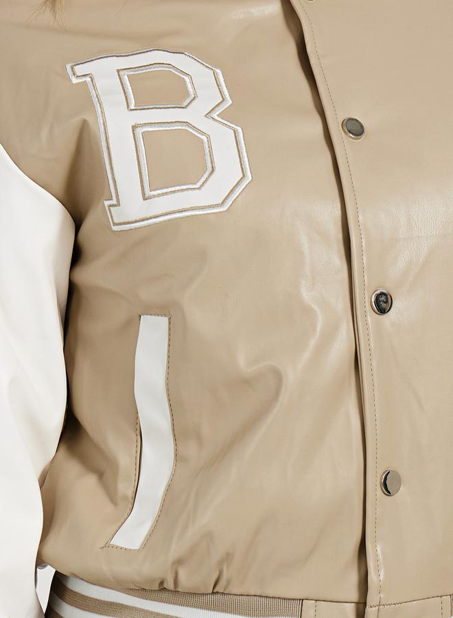 Styli Regular Fit Leather Look Varsity Bomber Jacket  - Image 4