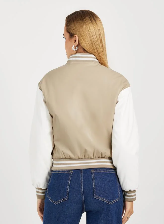 Styli Regular Fit Leather Look Varsity Bomber Jacket