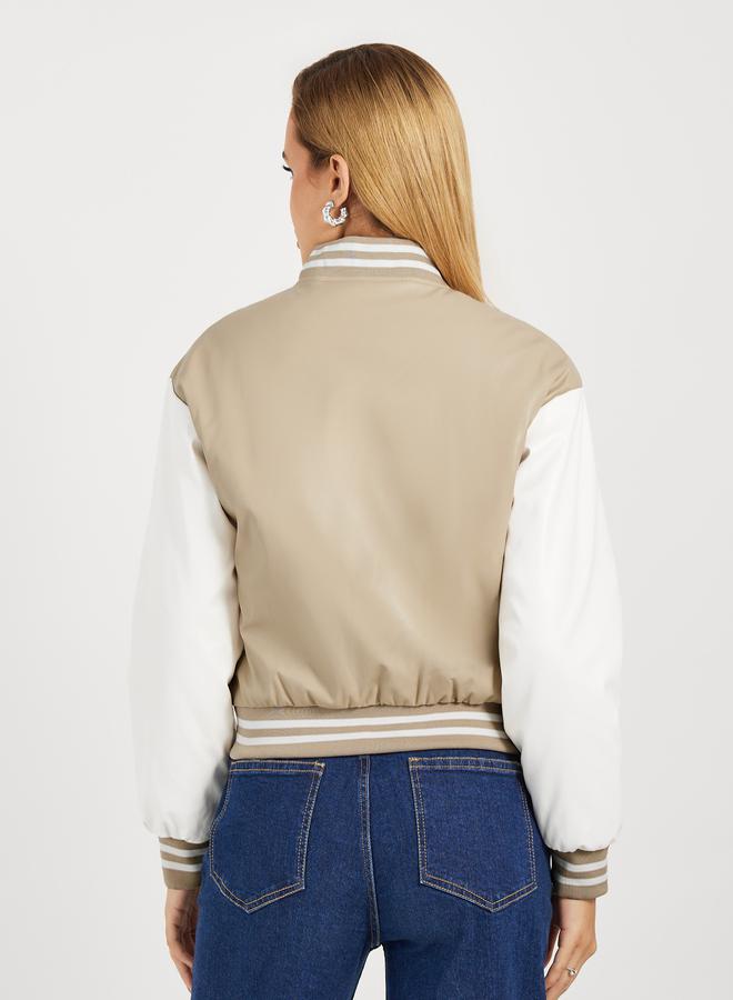 Styli Regular Fit Leather Look Varsity Bomber Jacket  - Image 5