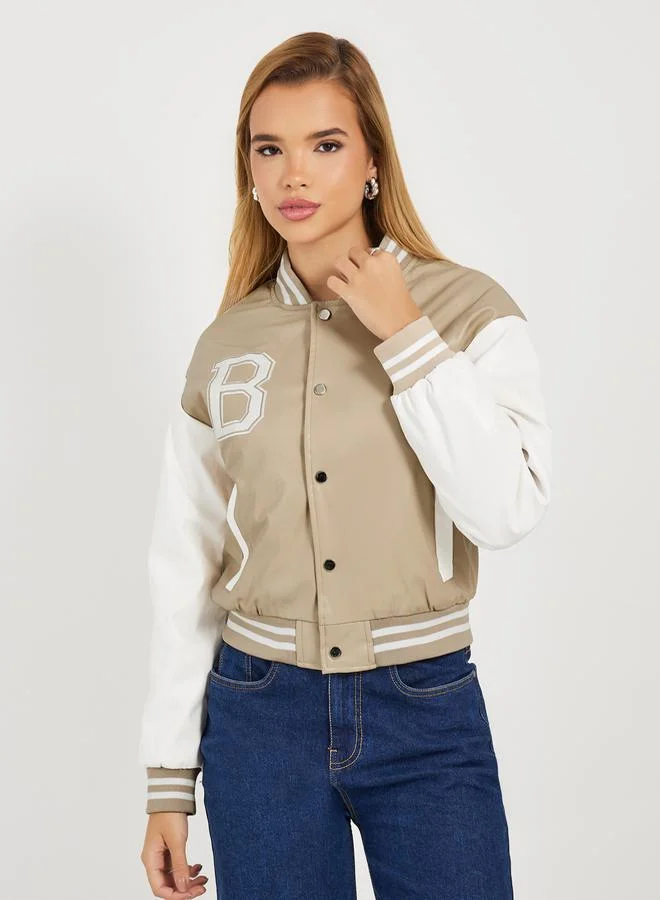 Styli Regular Fit Leather Look Varsity Bomber Jacket