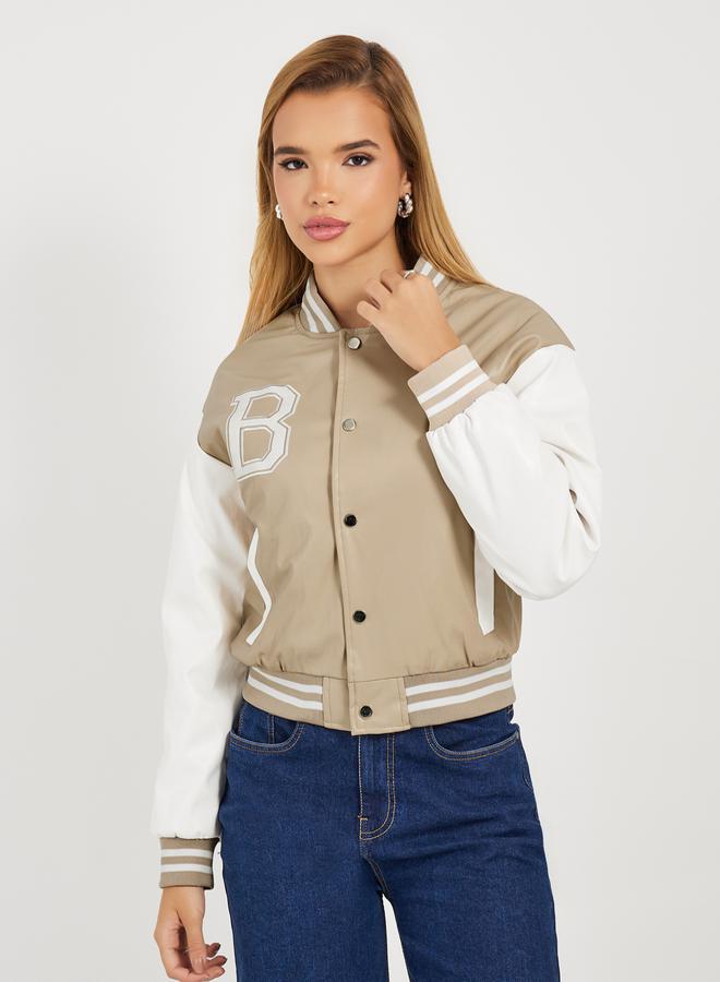 Styli Regular Fit Leather Look Varsity Bomber Jacket  - Image 3