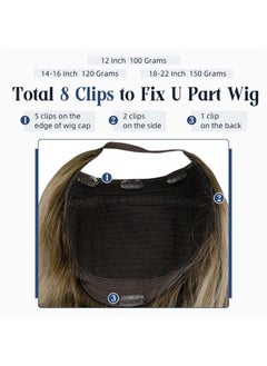 Full Shine Clip In Wigs Human Hair Highlighted U Part Wigs Real Hair U Shape Half Part Wig Straps Combs Brown Fading to Blonde Balayage Hair Wigs 120Grams 16Inch  - Image 4