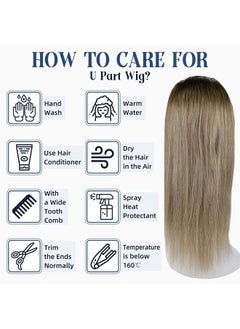 Full Shine Clip In Wigs Human Hair Highlighted U Part Wigs Real Hair U Shape Half Part Wig Straps Combs Brown Fading to Blonde Balayage Hair Wigs 120Grams 16Inch  - Image 5