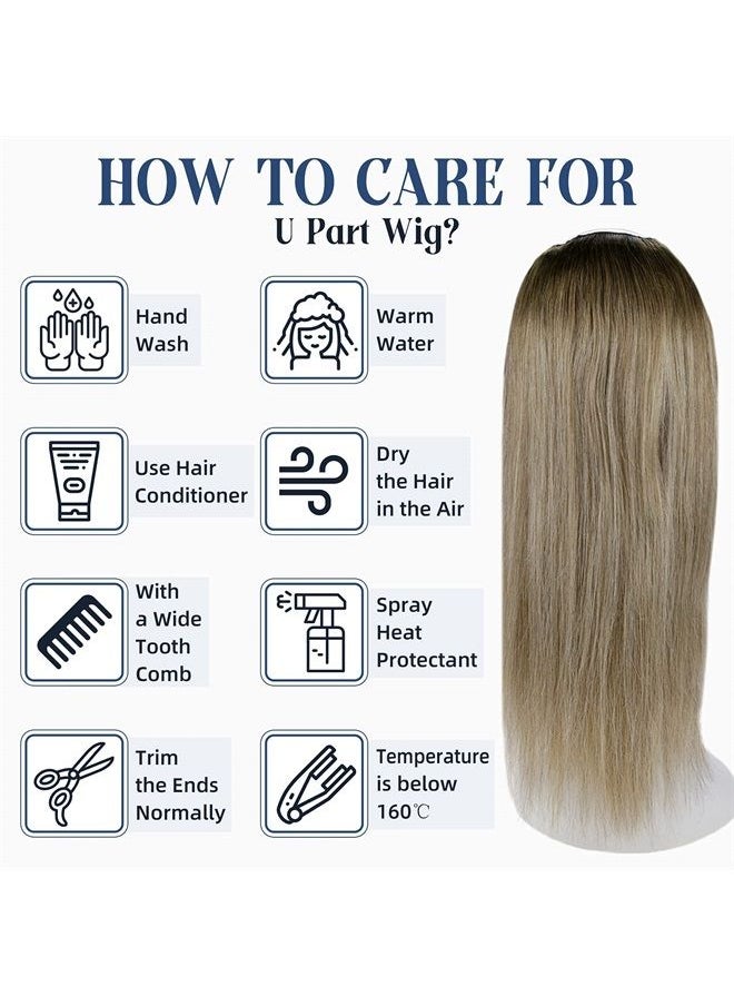 Full Shine Clip In Wigs Human Hair Highlighted U Part Wigs Real Hair U Shape Half Part Wig Straps Combs Brown Fading to Blonde Balayage Hair Wigs 120Grams 16Inch  - Image 5