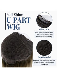 Full Shine Clip In Wigs Human Hair Highlighted U Part Wigs Real Hair U Shape Half Part Wig Straps Combs Brown Fading to Blonde Balayage Hair Wigs 120Grams 16Inch  - Image 3