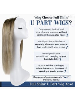 Full Shine Clip In Wigs Human Hair Highlighted U Part Wigs Real Hair U Shape Half Part Wig Straps Combs Brown Fading to Blonde Balayage Hair Wigs 120Grams 16Inch  - Image 2