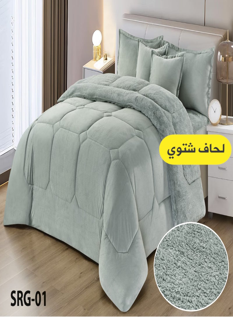 مون مفرش شتوي نفرين نظام وجهين وجه مخمل وجه فرو - طقم مفارش 6 قطع ( 1 لحاف + 1 وشرشف مطاطي + 4 أغطية وسائد ديكورية ) يناسب سرير مقاس 200x200 سم - Image 1