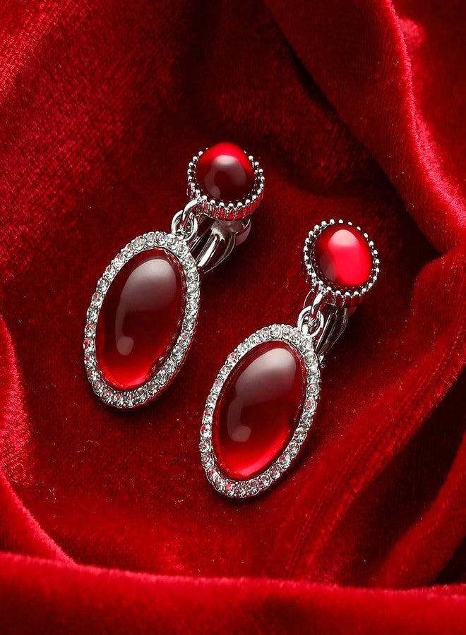 YINLI Classic Crystal Dangle Clip on Earrings Halo Drop Earrings for Women (Red) - Image 2