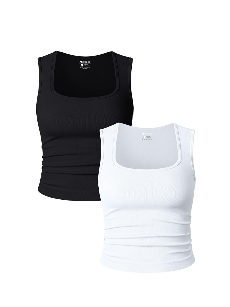 OQQ Womens 2 Piece Crop Tops Rueched Sleeveless Square Neck Stretch Basic Tank Shirts Black White - Image 1