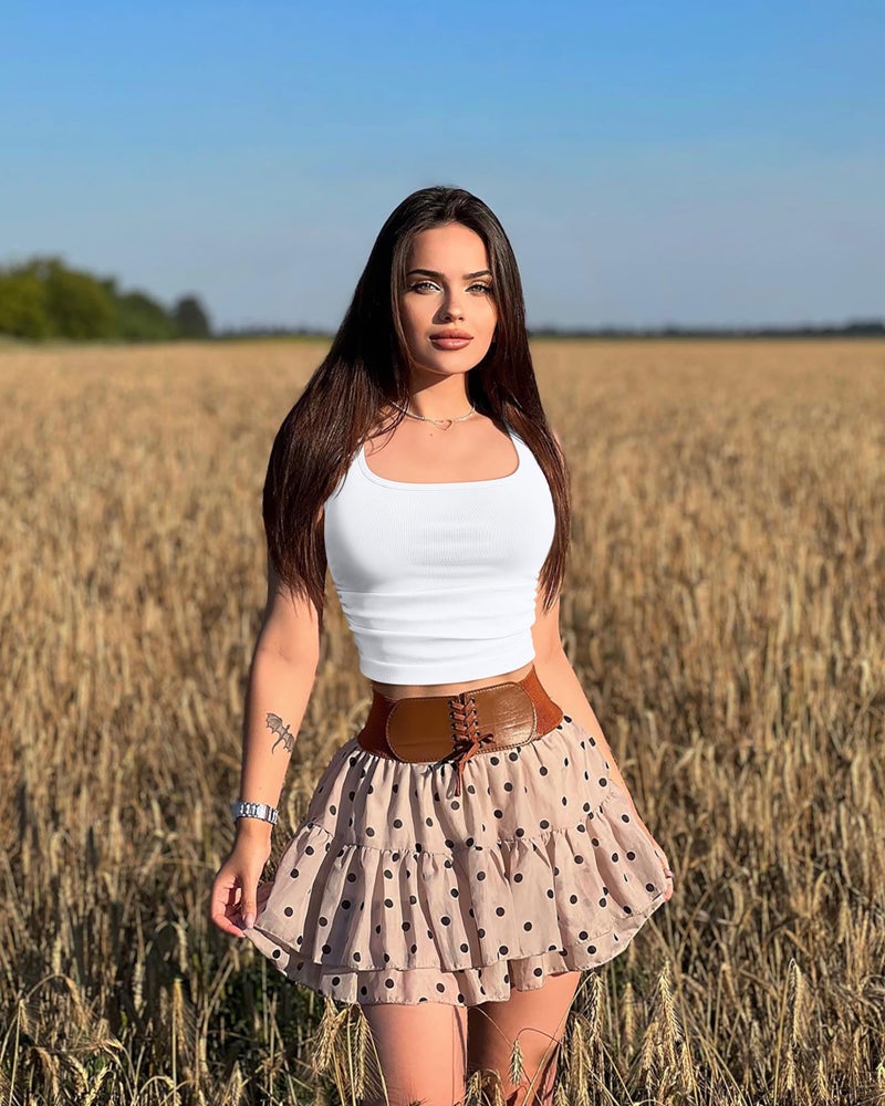 OQQ Womens 2 Piece Crop Tops Rueched Sleeveless Square Neck Stretch Basic Tank Shirts Black White - Image 4