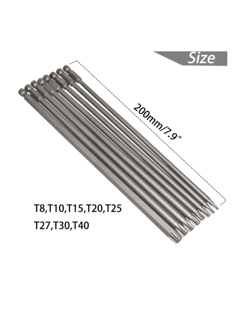 Yakumuz - 8pcs 200mm/7.9" Long Torx Head Screwdriver Bit Set Yakumuz Magnetic Tamper Proof Security Torx Bit Set 1/4" Hex Shank Star Screw Driver Drill Bits T8-T40 - Image 1