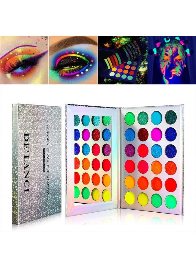DE'LANCI Neon Eyeshadow Palette Glow in the Dark, Aurora Glow Eyeshadow Pallets Stage, Halloween Christmas Makeup Kit UV Glow Blacklight Matte and Glitter Fluorescent Eye Shadows Highly Pigment - Image 1