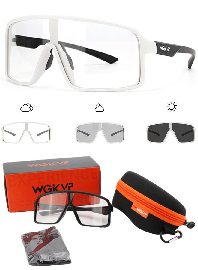 Cycling Glasses Photochromic Sunglasses Bike Sunglasses Clear Bicycle Glasses Riding Glasses for Men Cycling Sunglasses Sports Bike Glasses Complimentary high-end gift box, glasses case and glasses cloth(White) - Image 1