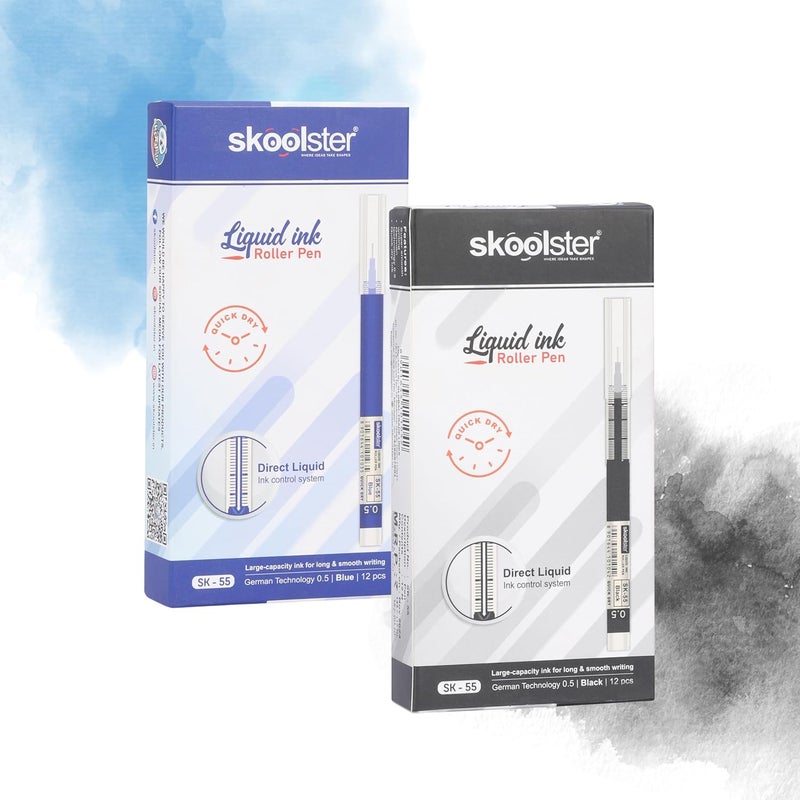 Skoolster Liquid Ink Roller Pen 0.5mm, Pack of 24, Smooth Quick-Dry Writing Pens for Office, School, Professionals & Exams (Blue+Black) - Image 1