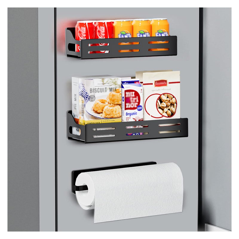 Carwiner 3 Pack Magnetic Spice Rack for Refrigerator with Paper Towel Holder Magnetic Refrigerator Organizer Strong Magnetic Fridge Shelf Rustproof Side Fridge Storage Rack for Kitchen