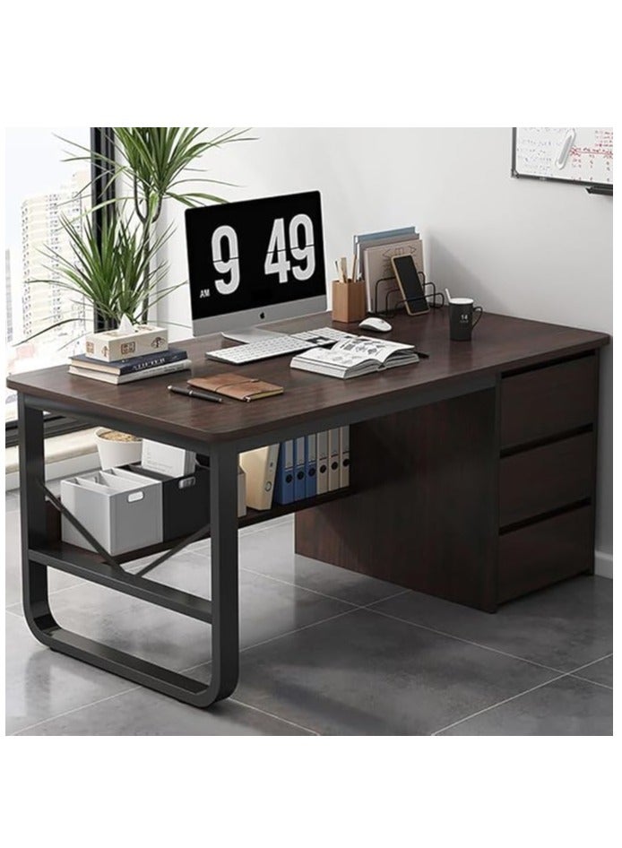 Generic Office Desk, Wooden Computer Table Desk with 3 Drawers and 1 Bookshelf, Modern Metal Frame Home Office Worksation PC Laptop Table for Study Working Writing and Reading (Brown 100*50cm) - Image 1