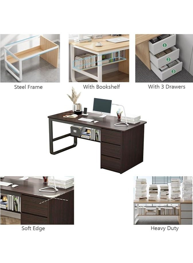 Generic Office Desk, Wooden Computer Table Desk with 3 Drawers and 1 Bookshelf, Modern Metal Frame Home Office Worksation PC Laptop Table for Study Working Writing and Reading (Brown 100*50cm) - Image 5