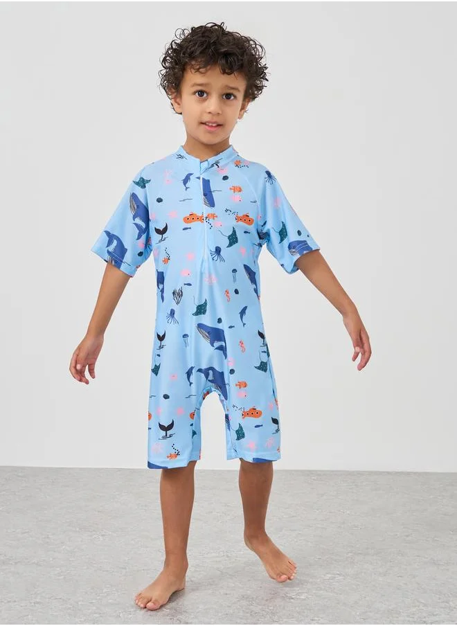 ستايلي Styli Boys All-Over Print Zip Front Swimsuit