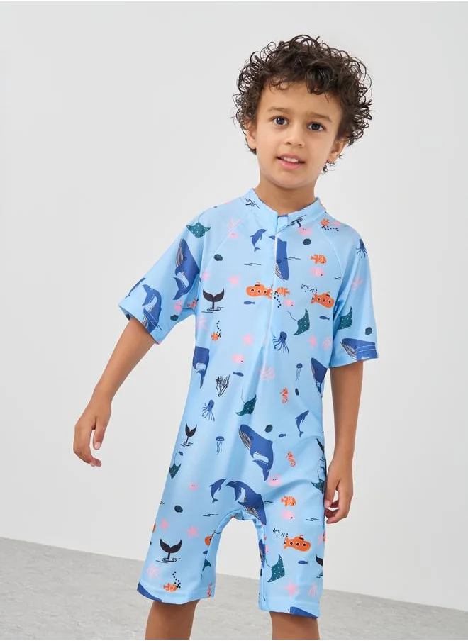 ستايلي Styli Boys All-Over Print Zip Front Swimsuit