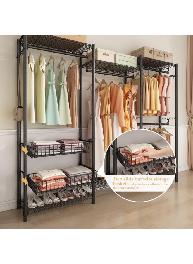 Forthcan Heavy Duty Clothes Rack with Pull-Out Storage Baskets, Freestanding Wardrobe Closet Organizer with Hanging Rods and Coat Rails (Black) - Image 4