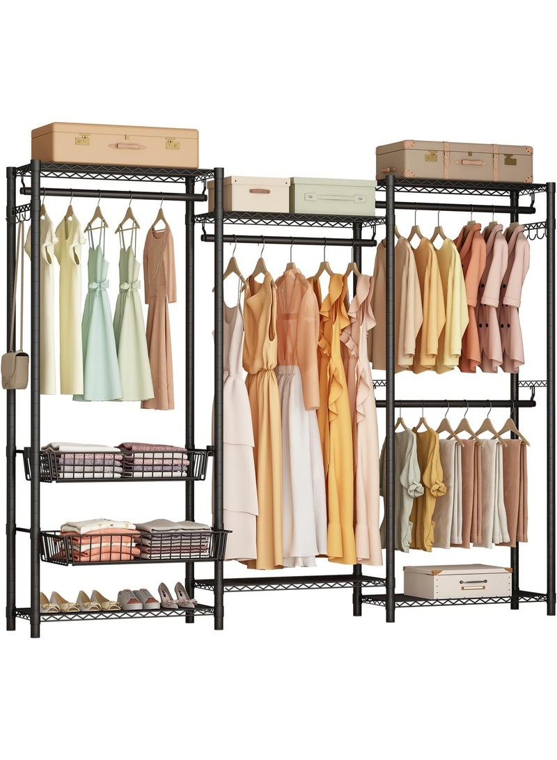Forthcan Heavy Duty Clothes Rack with Pull-Out Storage Baskets, Freestanding Wardrobe Closet Organizer with Hanging Rods and Coat Rails (Black) - Image 1