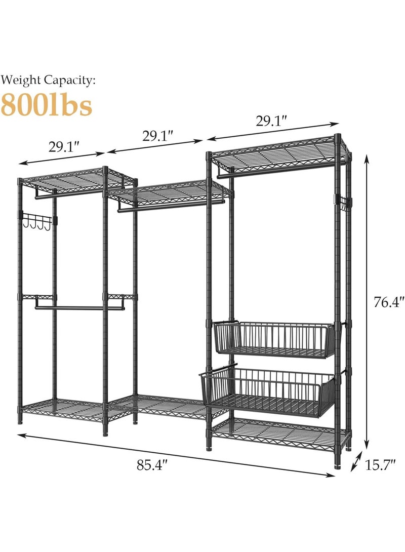 Forthcan Heavy Duty Clothes Rack with Pull-Out Storage Baskets, Freestanding Wardrobe Closet Organizer with Hanging Rods and Coat Rails (Black) - Image 2