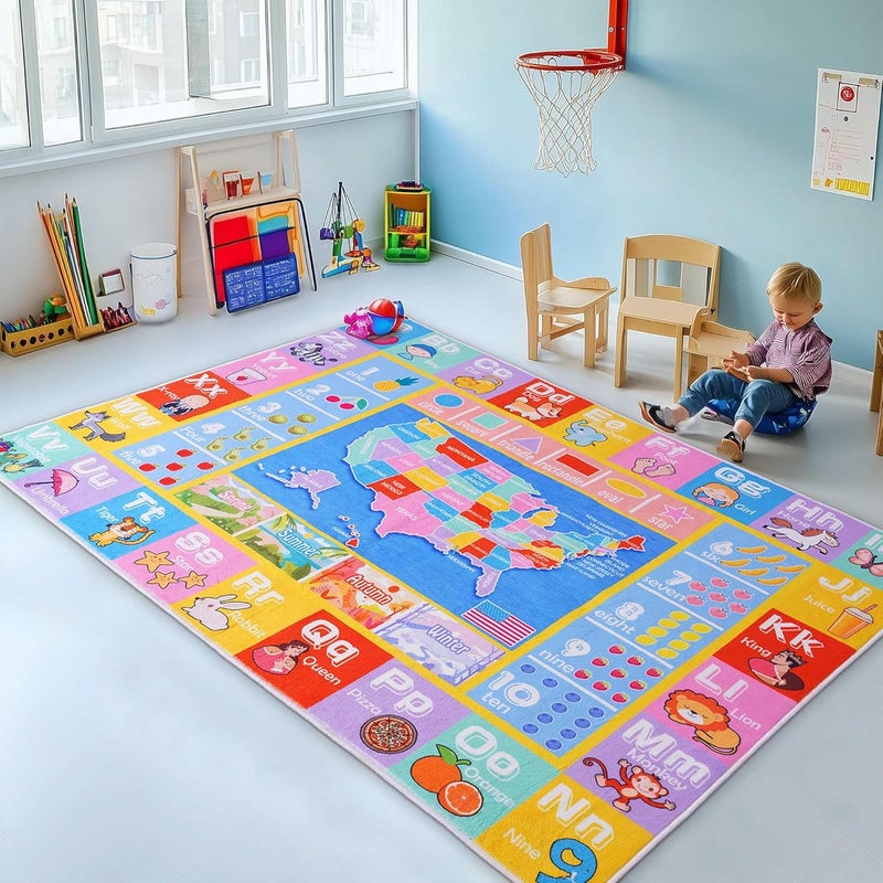 OHDS Kids Rugs for Playroom - Soft & Non-Slip 4x5 Feet Educational Rug for Learning ABC Alphabet, Numbers, Shapes & Map, Washable Classroom Rug for Toddler Nursery & Kids Room Decor - Image 1